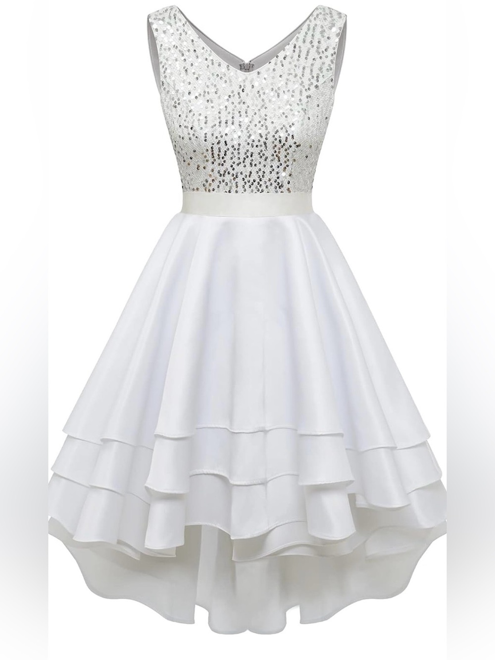 White Sequin V-Neck Layered High-Low Dress